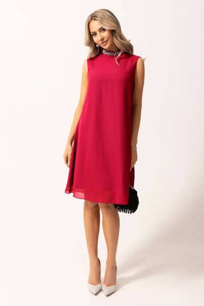 Летнее красное двуслойное платье с воротником-стойкой Golden Valley 4380 красный - фото 1
