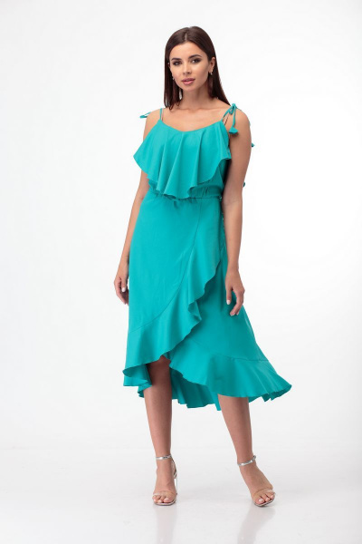 Легкое платье с запахом из текстиля с регулируемыми бретелями Anelli 726 бирюза - фото 1