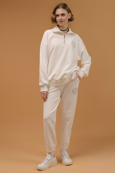 Трикотажные брюки с ворсом и резинкой по поясу JRSy 2384 молоко - фото 1