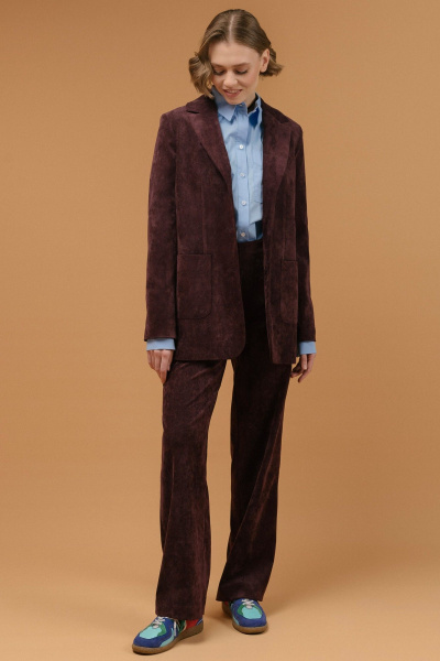 Классический жакет из вельвета с лацканами и застежкой на пуговицы JRSy 2412 коричнево-вишневый - фото 1