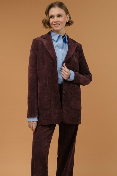 Классический жакет из вельвета с лацканами и застежкой на пуговицы JRSy 2412 коричнево-вишневый - фото 3