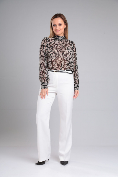 Черная струящаяся блузка с длинным рукавом и закругленными краями Lady Line 562 черный_цветы - фото 4