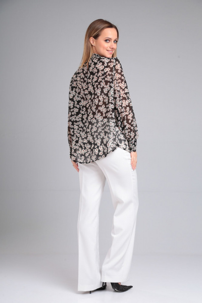 Черная струящаяся блузка с длинным рукавом и закругленными краями Lady Line 562 черный_цветы - фото 3