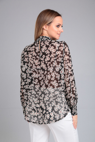 Черная струящаяся блузка с длинным рукавом и закругленными краями Lady Line 562 черный_цветы - фото 2