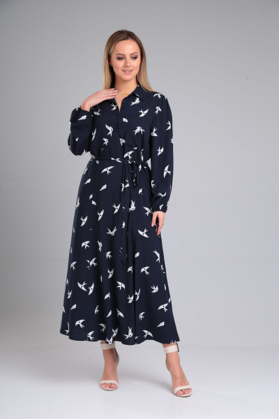 Платье с отлетным воротником и карманами из вискозы Lady Line 563 синий - фото 5