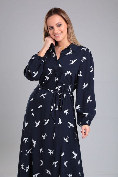 Платье с отлетным воротником и карманами из вискозы Lady Line 563 синий - фото 4