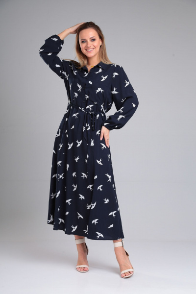 Платье с отлетным воротником и карманами из вискозы Lady Line 563 синий - фото 1