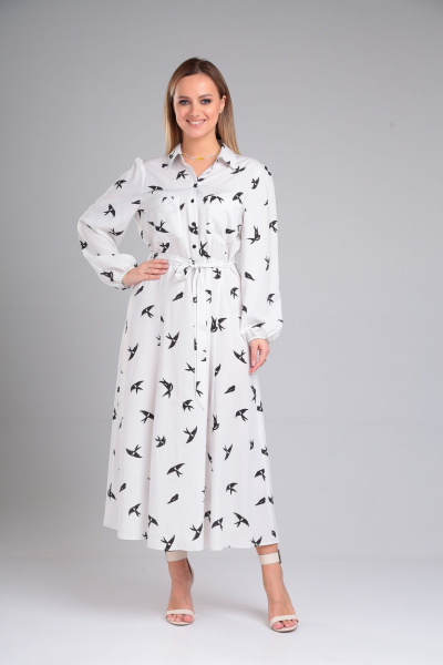 Платье свободного силуэта с поясом и расклешением из вискозы Lady Line 563 белый - фото 8