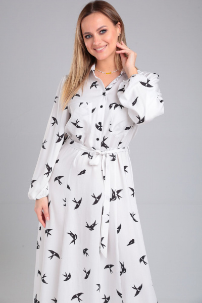 Платье свободного силуэта с поясом и расклешением из вискозы Lady Line 563 белый - фото 7