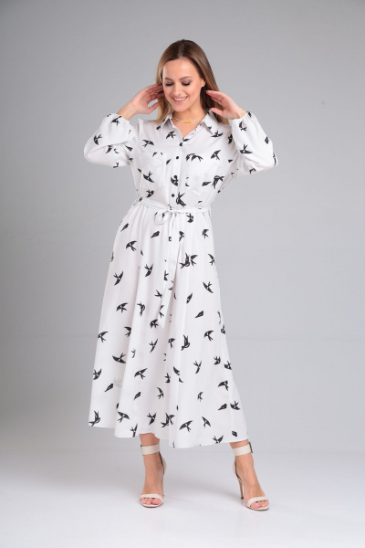 Платье свободного силуэта с поясом и расклешением из вискозы Lady Line 563 белый - фото 5
