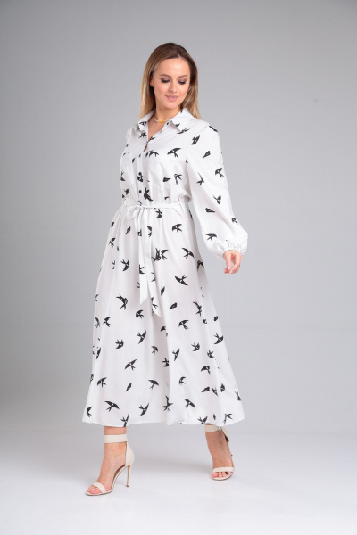 Платье свободного силуэта с поясом и расклешением из вискозы Lady Line 563 белый - фото 4