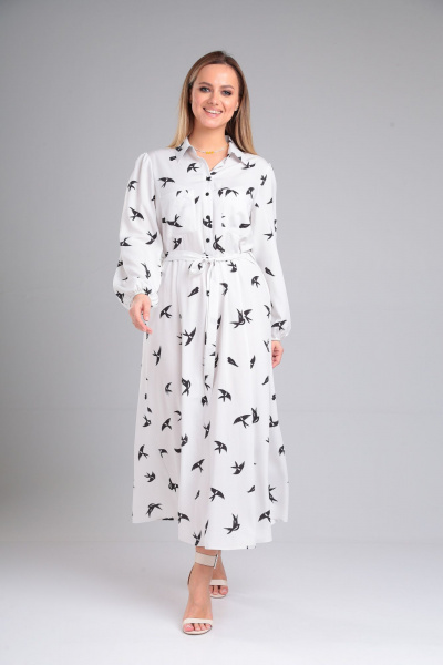 Платье свободного силуэта с поясом и расклешением из вискозы Lady Line 563 белый - фото 3