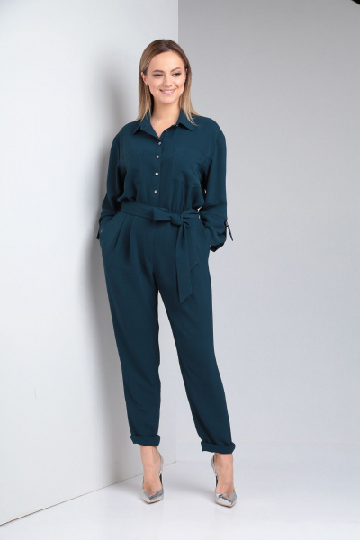 Зеленый свободный комбинезон из струящегося текстиля Lady Line 565 синий_морская_волна - фото 6