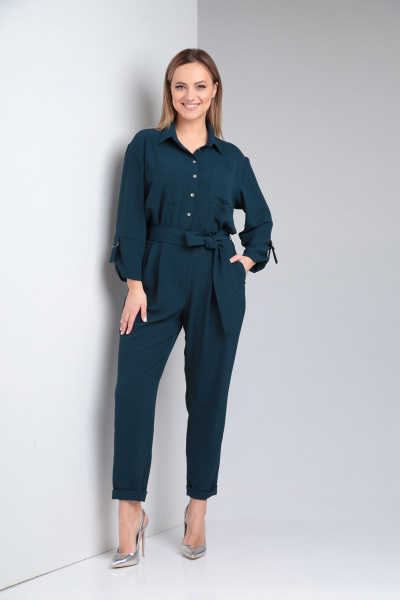 Зеленый свободный комбинезон из струящегося текстиля Lady Line 565 синий_морская_волна - фото 5