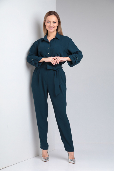 Зеленый свободный комбинезон из струящегося текстиля Lady Line 565 синий_морская_волна - фото 4