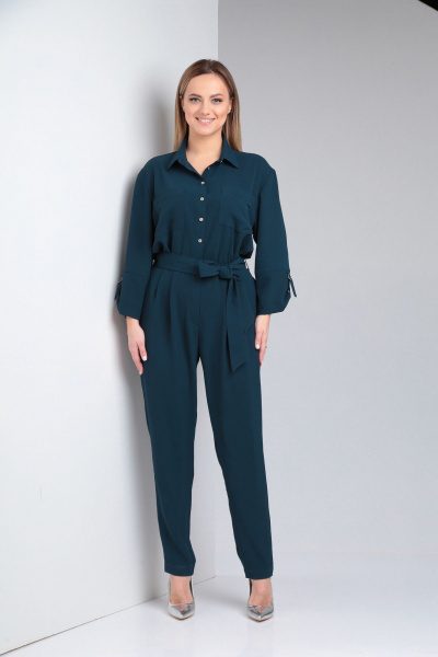 Зеленый свободный комбинезон из струящегося текстиля Lady Line 565 синий_морская_волна - фото 1