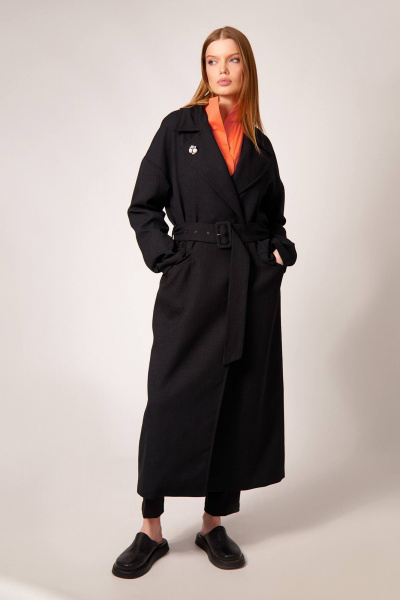 Жакет длинный на подкладке с широким воротником и поясом Rivoli 8052 чёрный - фото 1