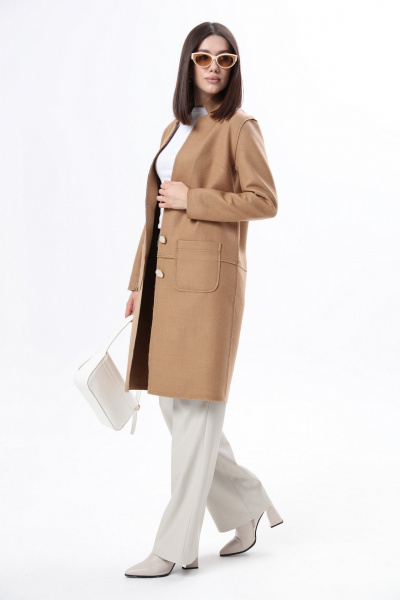 Бежевое шерстяное пальто с эффектом «шов наружу» и накладными карманами LM WO5318-1 - фото 6