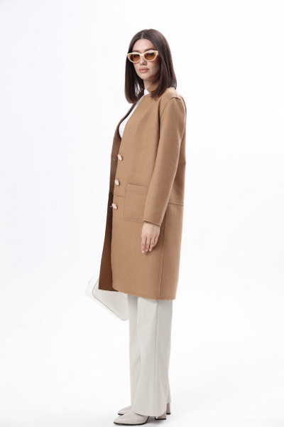 Бежевое шерстяное пальто с эффектом «шов наружу» и накладными карманами LM WO5318-1 - фото 5