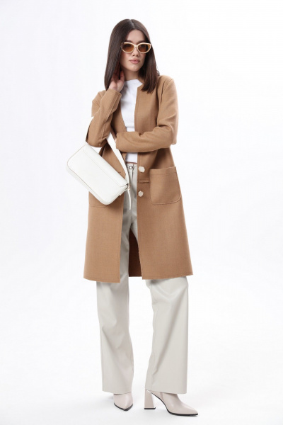 Бежевое шерстяное пальто с эффектом «шов наружу» и накладными карманами LM WO5318-1 - фото 4
