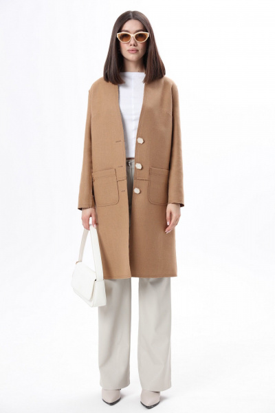 Бежевое шерстяное пальто с эффектом «шов наружу» и накладными карманами LM WO5318-1 - фото 1