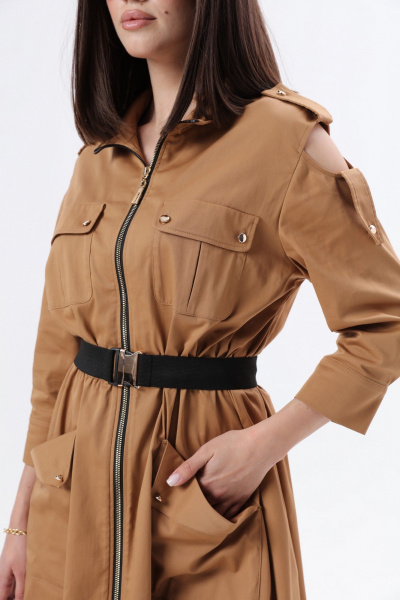 Длинное платье в стиле сафари с накладными карманами и съемным поясом LM М38 беж - фото 11