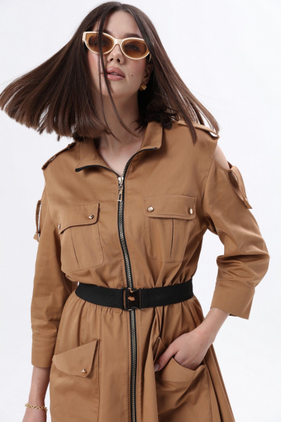 Длинное платье в стиле сафари с накладными карманами и съемным поясом LM М38 беж - фото 10