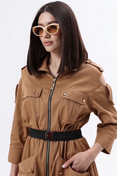 Длинное платье в стиле сафари с накладными карманами и съемным поясом LM М38 беж - фото 9