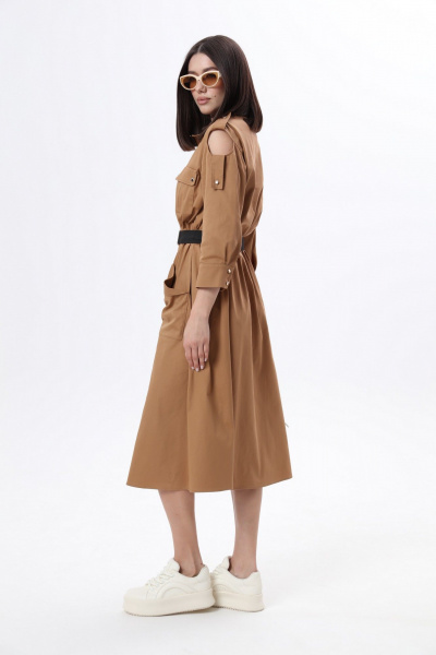 Длинное платье в стиле сафари с накладными карманами и съемным поясом LM М38 беж - фото 6