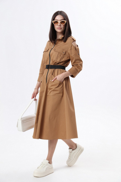 Длинное платье в стиле сафари с накладными карманами и съемным поясом LM М38 беж - фото 5