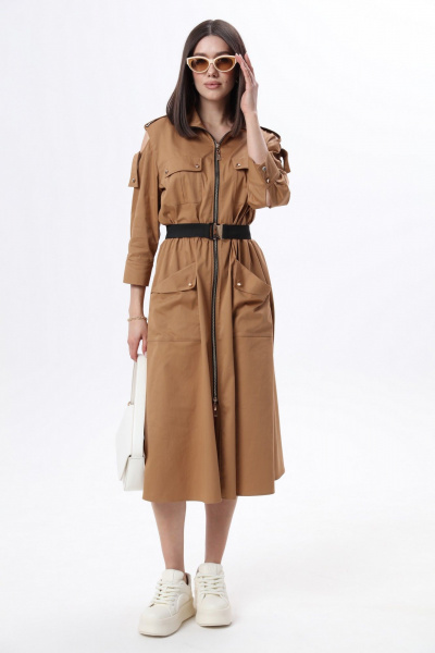 Длинное платье в стиле сафари с накладными карманами и съемным поясом LM М38 беж - фото 4