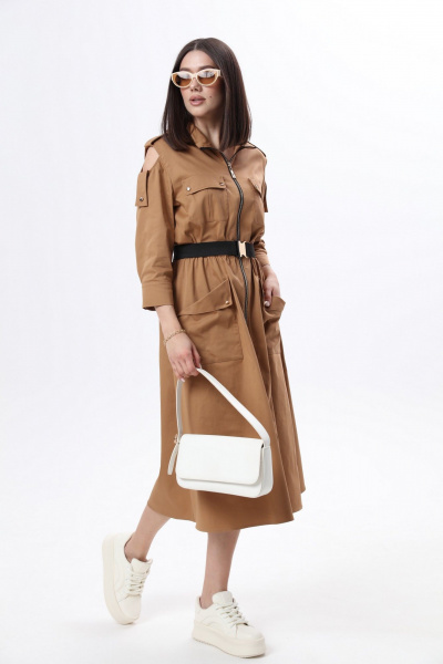 Длинное платье в стиле сафари с накладными карманами и съемным поясом LM М38 беж - фото 3