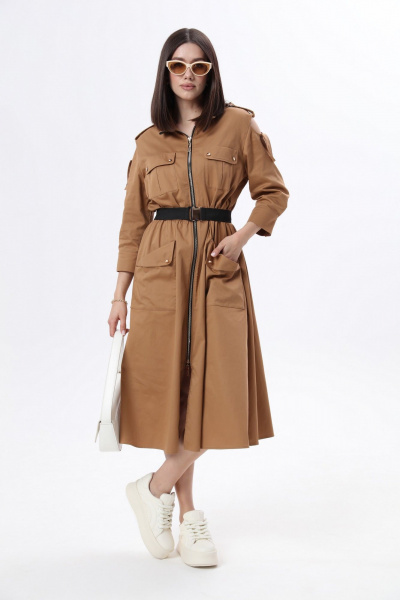 Длинное платье в стиле сафари с накладными карманами и съемным поясом LM М38 беж - фото 2