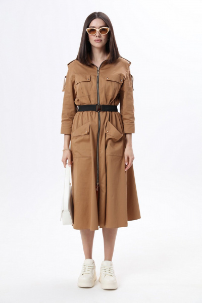 Длинное платье в стиле сафари с накладными карманами и съемным поясом LM М38 беж - фото 1