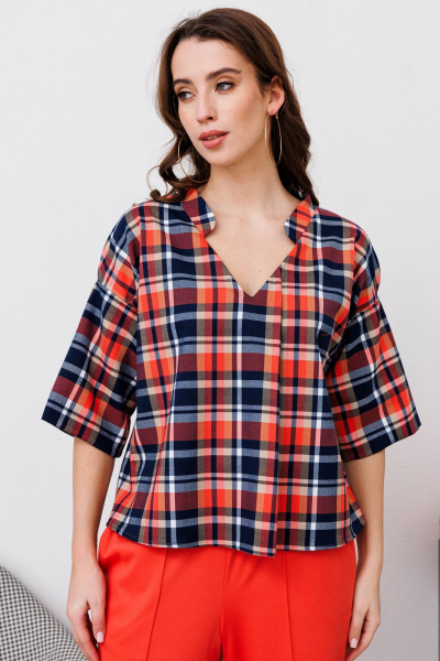 Круглогодичная элегантная блуза из текстиля с воротником-стойкой NikVa 481-3 клетка_мульти - фото 2