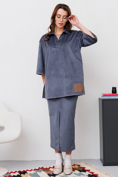 Костюм из вельвета блуза и юбка миди с разрезом для casual образа NikVa 486-2 графит - фото 3