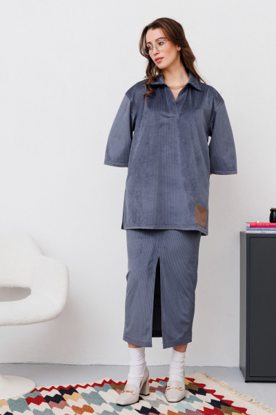 Костюм из вельвета блуза и юбка миди с разрезом для casual образа NikVa 486-2 графит - фото 2