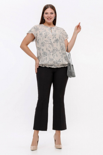 Блуза свободного силуэта из стрейч-шифона, бежевый, лето La rouge 6275 бежевый-(цветы) - фото 2