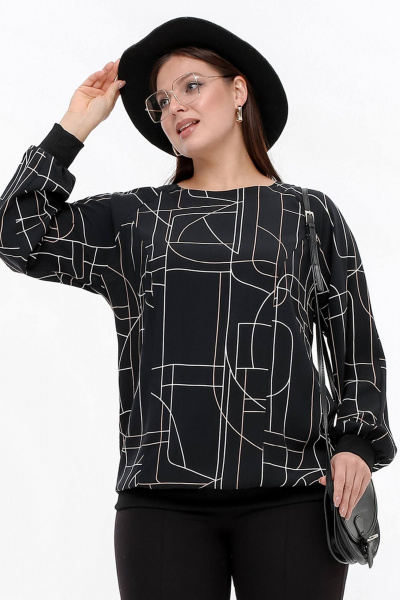 Блуза свободного силуэта из вискозы, черный, демисезон La rouge 6282 черный-(геометрия) - фото 1