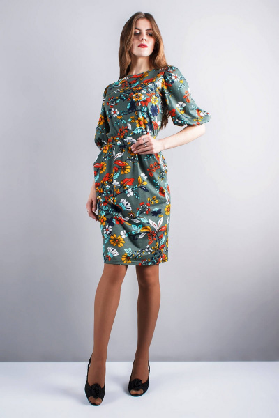 платье со сборкой и объемными рукавами-фонариками Mita ЖМ822 зеленый+цветы - фото 1