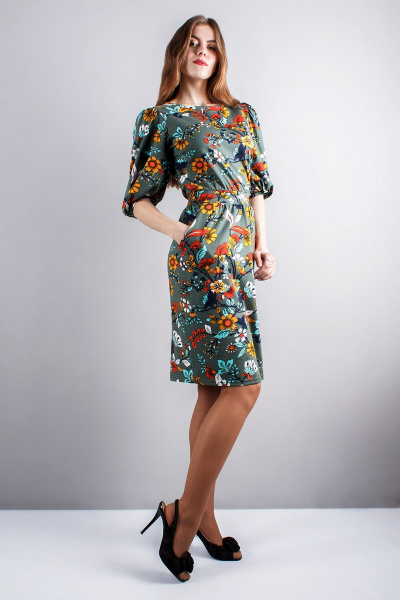 платье со сборкой и объемными рукавами-фонариками Mita ЖМ822 зеленый+цветы - фото 2
