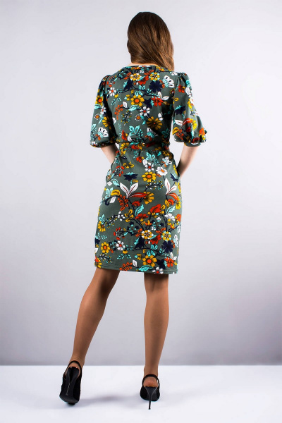 платье со сборкой и объемными рукавами-фонариками Mita ЖМ822 зеленый+цветы - фото 3