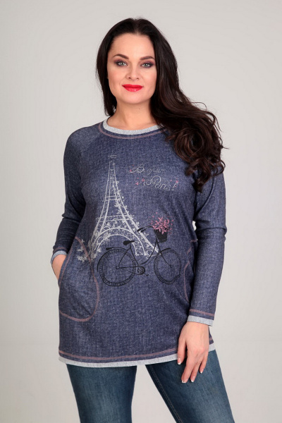 Удлиненный джемпер из шерсти и трикотажа с карманами и печатью Таир-Гранд 62288 джинс - фото 1