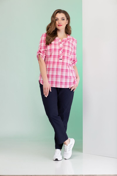 Летняя розовая блузка из текстиля с коротким рукавом на пуговицах Angelina & Сompany 381 розовый - фото 3