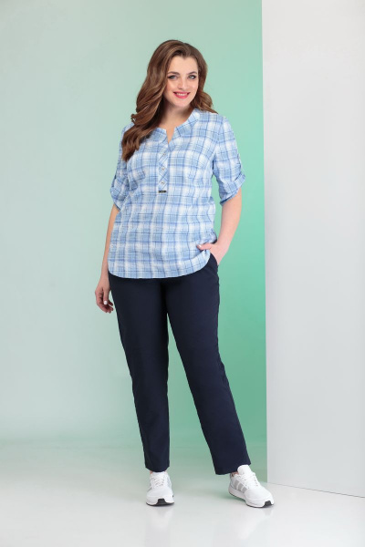 Голубая блузка из хлопка с воротом и рукавом 3/4 ANIDEN 382 голубой - фото 4