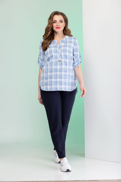 Голубая блузка из хлопка с воротом и рукавом 3/4 ANIDEN 382 голубой - фото 1