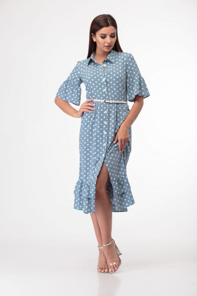 Платье с горошковым принтом и отрезной талией из хлопка Anelli 713 бирюза - фото 6