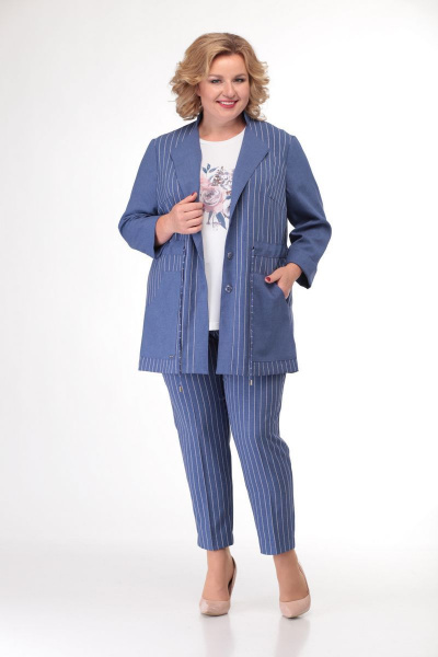 Летний комплект жакет, блуза и брюки из комбинированного текстиля Кэтисбел 3464 василек - фото 2