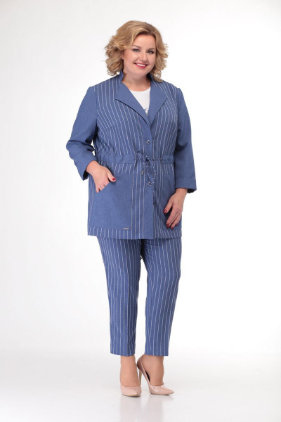 Летний комплект жакет, блуза и брюки из комбинированного текстиля Кэтисбел 3464 василек - фото 1