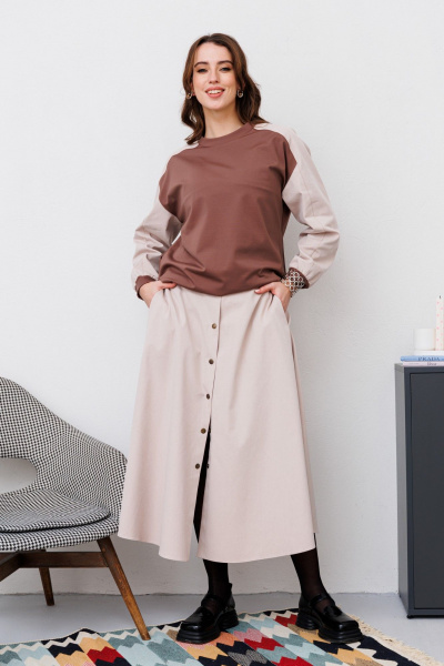 Джемпер, юбка NikVa 468-2 бежевый_шоколад - фото 1